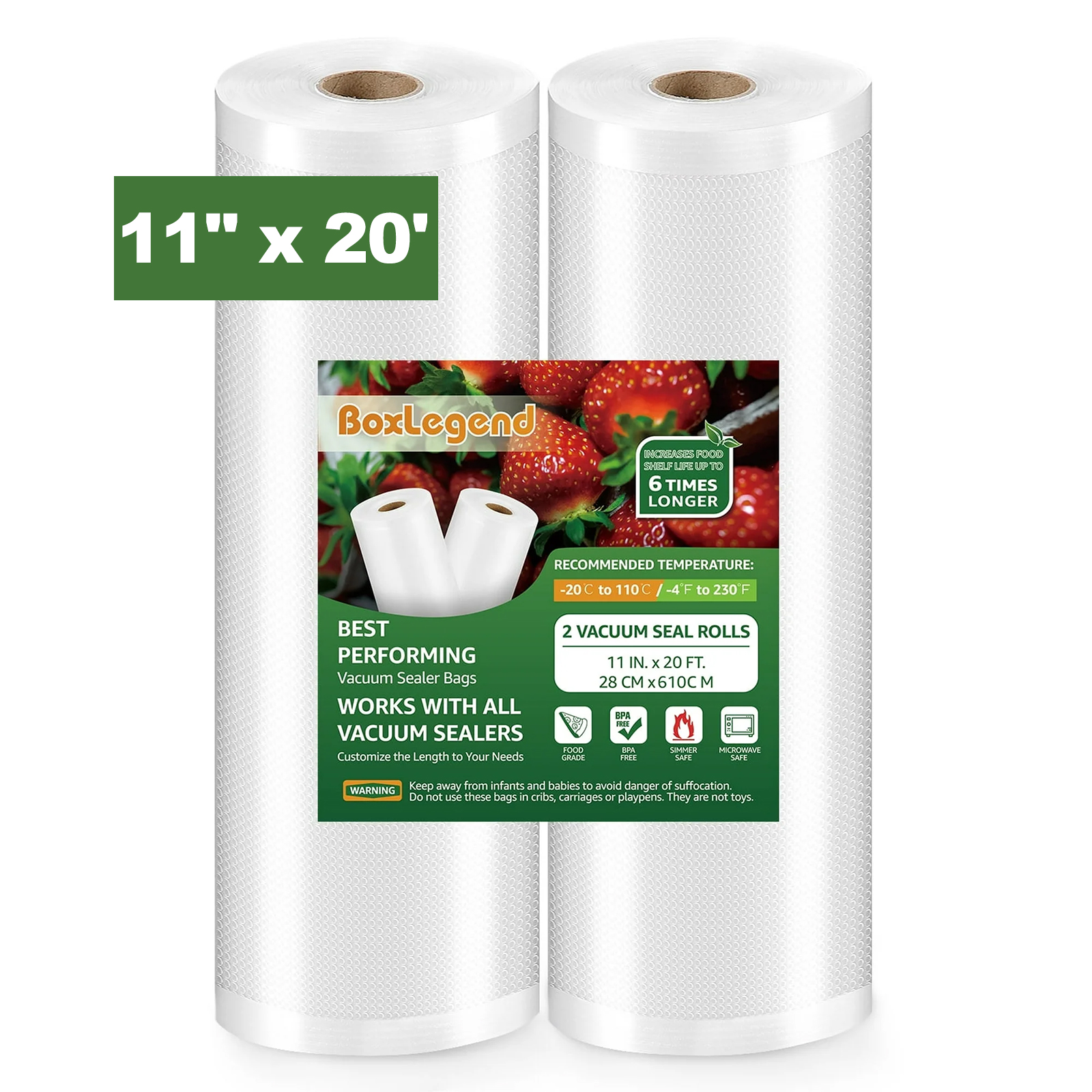BoxLegend Vacuum Seal Bags for Food, 2 Packs 11''x20' Food Saver Rolls, Food Storage Bags